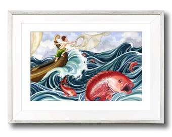 Art Print of Boy Fishing on the Ocean. Nursery art, Children's wall art, Adventure theme, Children's picture, Whimsical wall art