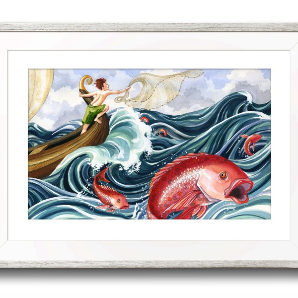 Art Print of Boy Fishing on the Ocean. Nursery art, Children's wall art, Adventure theme, Children's picture, Whimsical wall art