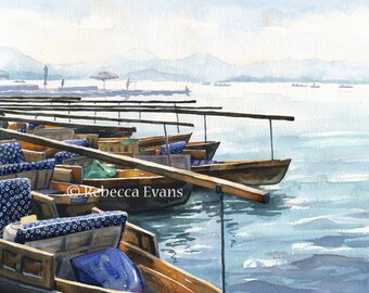 Illustration art print of Fishing Boats in China, watercolor, sunset