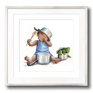 Toddler playing with pots and pans. Nursery art, Adventure theme, Children&#39;s Room Decor, Nursery prints, Whimsical wall art