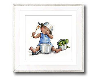 Toddler playing with pots and pans. Nursery art, Adventure theme, Children's Room Decor, Nursery prints, Whimsical wall art