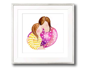 Mother and Daughter. Mother hugging daughter. Gift for Mom, Children's wall art, Children's Room Decor, Nursery prints, Whimsical wall art