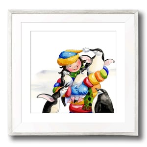 Little girl hugging penguins. Nursery art, Children&#39;s wall art, Penguin theme, Children&#39;s Room Decor, Nursery prints, Whimsical wall art