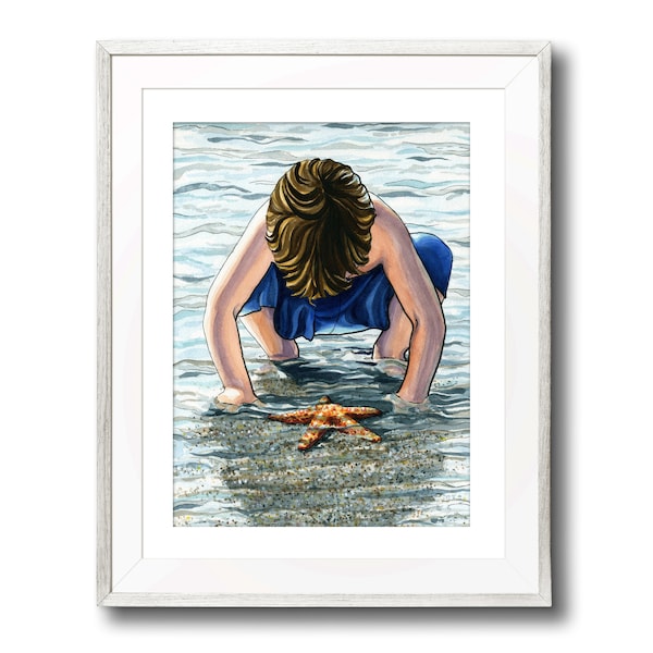 Star in the Sea, Child and Starfish. Nursery art, Children's wall art, Beach theme, Children's picture, Nursery prints, Whimsical wall art