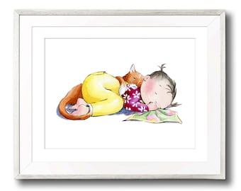 Cat Nap. Little girl and cat napping. Nursery art, Children's wall art, Cat theme, Children's Room Decor, Nursery prints, Whimsical wall art