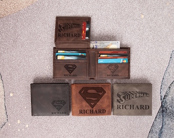 Super Chracater Leather Bifold Wallet, Hero Themed Card Holder, Man Superhero Gift for Comic Fan Dad, Son, Boyfriend