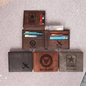 Custom Engraved Army Wallet, Personalized Leather Bifold ID Holder for Men, Military Graduation Gift, Patriotic Veteran Travel Wallet