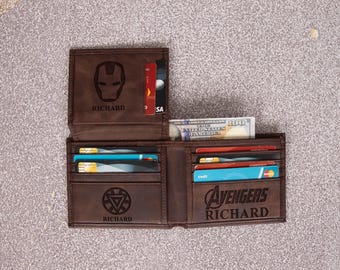 Custom Superhero Leather Wallet, Engraved Ironman Bifold ID Card Holder, Personalized Travel Wallet for Husband, Groomsmen or Teen Son