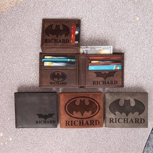 Batman Inspired Slim Wallet, Engraved Leather Bifold ID, Personalized Superhero Gift for Men, Custom Wallet for Son, Dad, Husband or Fiance
