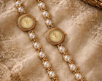 Valentine's Day Gift: Women's Mother-of-Pearl Beaded Bracelet Watch – Elegant Vintage Chic Watch, Refined Gold-Colored Jewelry