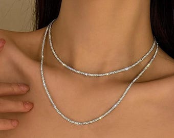 Double row necklace in sparkling rhinestones - Elegant women's choker - Shiny evening wedding necklace Christmas gift with free jewelry box