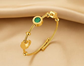 Durable gold bracelet for life with green malachite stone and Roman numerals Unique and original jewelry for women Free jewelry box gift