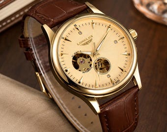 Luxury Automatic Men's Watch – Brown Leather Strap – Elegant & Classic Style – Skeleton Mechanical Watch