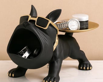 Modern design dog decoration | Original pocket emptier for entryway, office or living room | Bulldog dog figurine with decorative tray gift