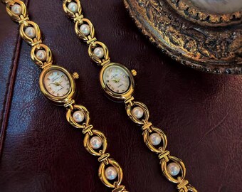 Women's/Men's Mother-of-Pearl Beaded Wristwatch – Elegant Vintage Chic Watch, Refined Gold-Colored Jewelry