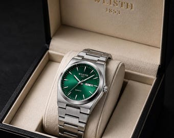 Men's Silver Watch & Green Dial | Elegant Minimalist Quartz Watch | Luxury Silver Bracelet