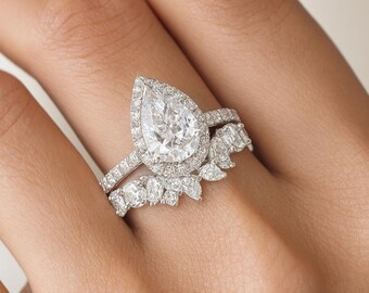 Lujoso anillo de compromiso de plata de ley: anillo grande de diamantes en forma de pera con brillantes circonitas cúbicas | Anillo de bodas