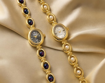 Women's men's mother-of-pearl bracelet watch - elegant vintage chic watch, refined gold-colored jewelry with free jewelry box