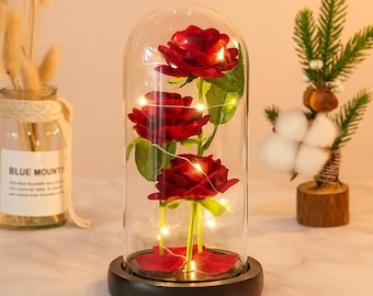 Eternal Rose in Glass Dome with LED Lights - Romantic Gift for Women, Valentine's Day, Anniversary, Christmas or Wedding