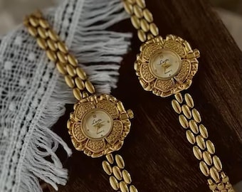 Vintage Women's Wristwatch for Valentine's Day | Retro Floral Jewelry | Timeless and Durable Gift Watch | Chic Boho Gold Watch