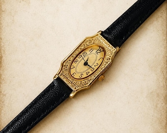 Vintage Gold Watch with Black Leather Strap - Women's/Men's - Retro Chic Minimalist Style - Small Rectangular Watch
