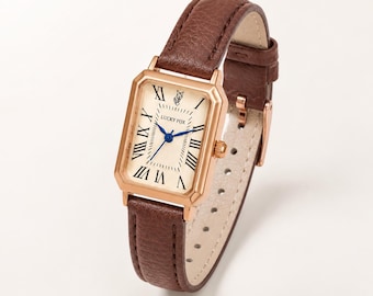 Women's Watch with Brown Leather Strap & Rose Gold Dial – Elegant Vintage Style – Chic Rectangular Watch – Gift