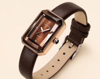 Luxury Women's Watch with Brown Leather Strap – Elegant Vintage Style – Chic Rectangular Watch – Water-Resistant Gift