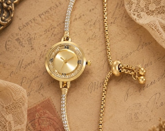 Women's Adjustable Gold Rhinestone Wristwatch – Elegant Jewelry Watch with Vintage Roman Numeral Dial – Ideal Gift