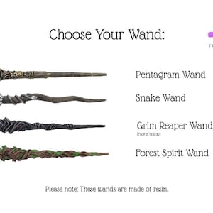May include: Four resin wands are displayed, each with unique designs. The wands are labeled: Pentagram Wand, Snake Wand, Grim Reaper Wand, and Forest Spirit Wand. Text reads "Choose Your Wand:" and "More Wands."