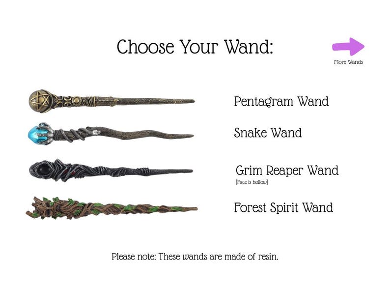 May include: Four resin wands are displayed, each with unique designs. The wands are labeled: Pentagram Wand, Snake Wand, Grim Reaper Wand, and Forest Spirit Wand. Text reads "Choose Your Wand:" and "More Wands."