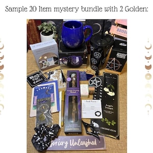 May include: A collection of mystical items, including a blue mug, black tumbler with pentagrams, candles, and incense. The bundle includes a book, a wand, and a scrunchie. Text on the image reads "Sample 20 Item mystery bundle with 2 Golden:" and "Sorcery Unleashed."