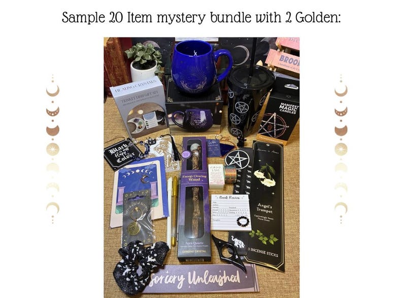May include: A collection of mystical items, including a blue mug, black tumbler with pentagrams, candles, and incense. The bundle includes a book, a wand, and a scrunchie. Text on the image reads "Sample 20 Item mystery bundle with 2 Golden:" and "Sorcery Unleashed."