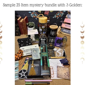 May include: A collection of mystical items, including a water bottle with eye designs, candles, books, and a Ouija board. The items are arranged on a surface, with the text "Sample 25 Item mystery bundle with 3 Golden:" at the top.