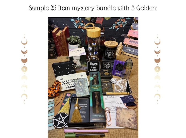 May include: A collection of mystical items, including a water bottle with eye designs, candles, books, and a Ouija board. The items are arranged on a surface, with the text "Sample 25 Item mystery bundle with 3 Golden:" at the top.