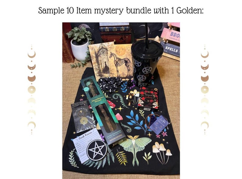 May include: A collection of mystical items, including a black tumbler with a straw, a wand, a book, and a patch with a pentagram. The items are arranged on a black cloth with a botanical design, including a moth and mushrooms. The text "Sample 10 Item mystery bundle with 1 Golden:" is at the top.