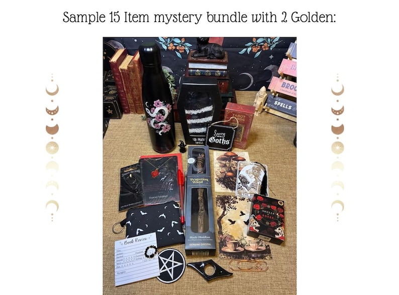May include: A collection of gothic-themed items, including a black water bottle with a pink dragon design, a black coffin-shaped box, and a small sign that says "Sorry Goths". Other items include a black pouch with bats, a pentagram patch, and a tarot card.