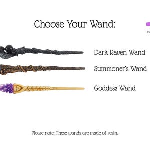 May include: Image features three resin wands: Dark Raven, Summoner's, and Goddess. The Dark Raven wand is dark gray with a black orb. The Summoner's wand is brown with a blue orb. The Goddess wand is light brown with a purple crystal.