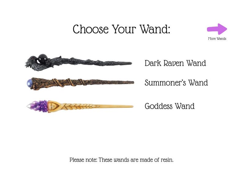 May include: Image features three resin wands: Dark Raven, Summoner's, and Goddess. The Dark Raven wand is dark gray with a black orb. The Summoner's wand is brown with a blue orb. The Goddess wand is light brown with a purple crystal.
