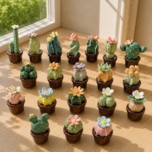 May include: A collection of miniature ceramic cactus sculptures in small brown pots. The cacti are various shades of green, with some featuring colorful flower accents in pink, yellow, and purple. The arrangement is on a light-colored wooden surface.