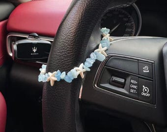 Blue Crystal Chip Car Charm, White Starfish Steering Wheel Decor, Ocean Aesthetic Car Accessory,Handmade Beach Hanging Ornament,Gift for Her
