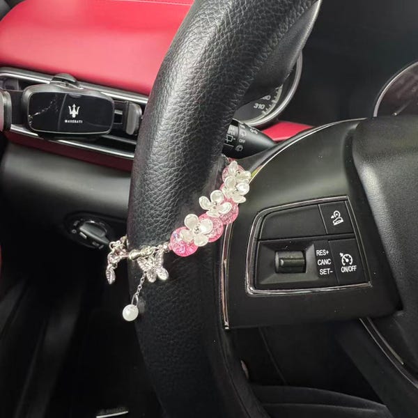 Pink Flower Steering Wheel Charm, Cute Car Accessory for Women, Handmade Beaded Car Charm, Girly Interior Decor, New Car Gift