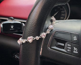 Pink Heart Crystal Steering Wheel Charm, Girly Car Accessories, Bling Car Decor Gift For Her