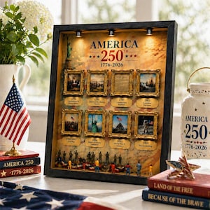 Może przedstawiać: Oprawiona ekspozycja upamiętniająca 250. rocznicę Ameryki, z miniaturowymi obrazami wydarzeń historycznych. Ekspozycja zawiera tekst "AMERICA 250 1776-2026" i jest ozdobiona amerykańską flagą i dekoracyjnymi książkami.