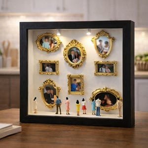 Könnte beinhalten: Ein schwarzer Schattenrahmen mit neun goldenen, verzierten Bilderrahmen, die jeweils ein Foto enthalten. Miniaturfiguren stehen darunter. Zwei kleine Lichter beleuchten die Präsentation, die auf einer Holzoberfläche steht.