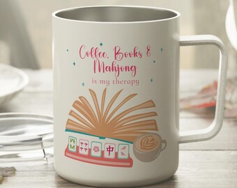 Mahjong & Books Mug, Funny 10oz Tumbler, Bookworm Gift