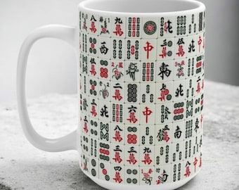Mahjong Tiles Pattern Mug | Asian Game Tile Print Ceramic 15oz