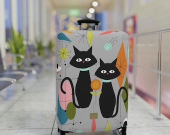 Mid Century Black Cats Luggage Cover | Retro Atomic Travel Accessory