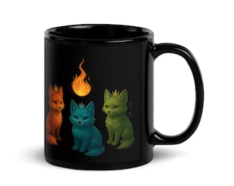 Elemental Spirit Mug – Black Glossy Ceramic | Fire Water Nature Ritual Mug
