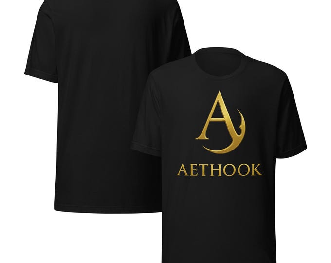 Featured listing image: Unisex t-shirt Aethook Signature T-Shirt | Unisex Premium Tee Bella + Canvas 3001 | Black Shirt with Golden Logo