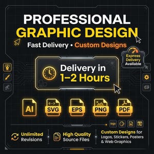 May include: A graphic design advertisement with the text "PROFESSIONAL GRAPHIC DESIGN" in yellow and white. It highlights fast delivery, custom designs, and delivery within 1-2 hours. Includes file format icons for AI, SVG, EPS, PNG, and PDF.